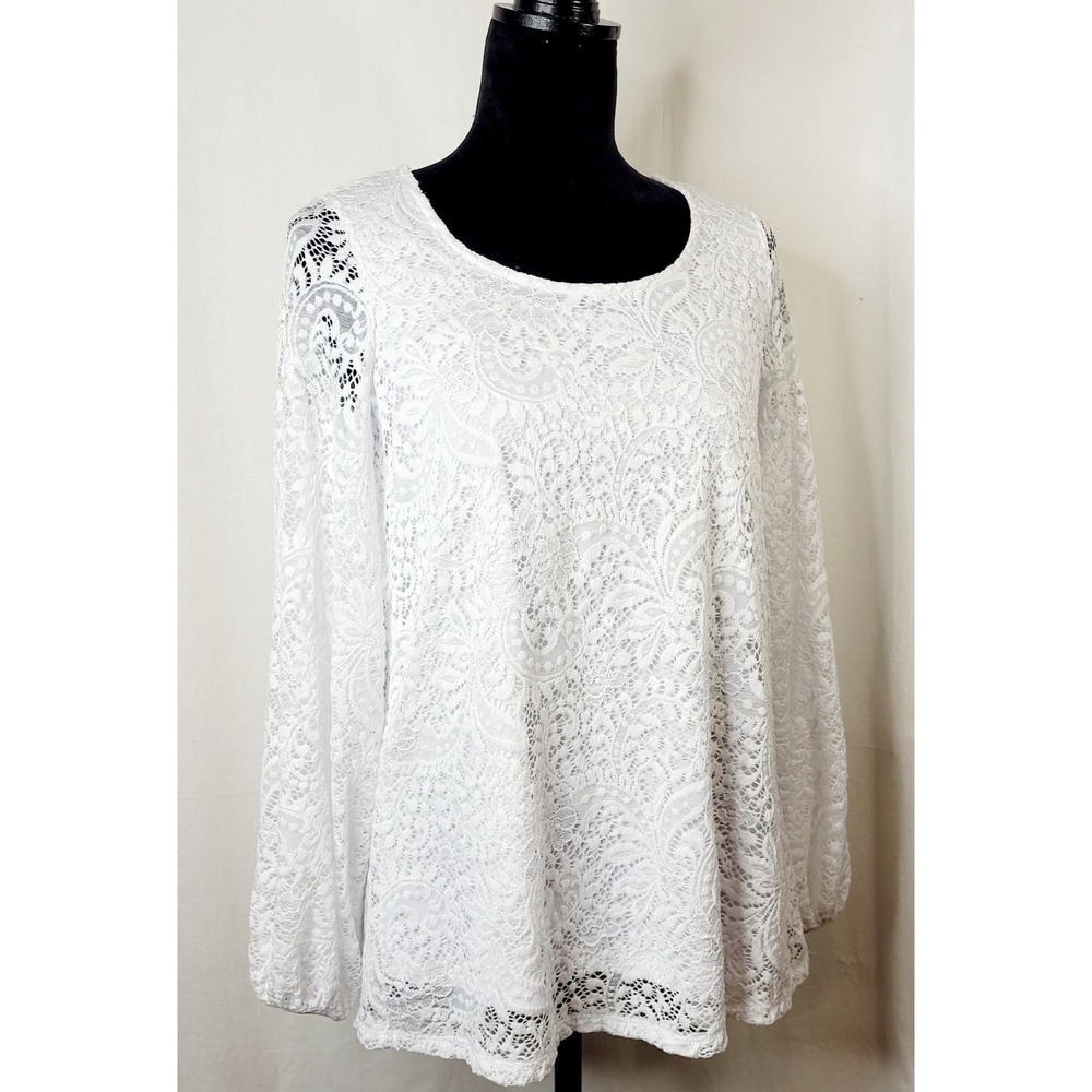 Antthony Originals Ladies Solid White Lace Blouse Round Neck 3/4 Sleeve Sz XS